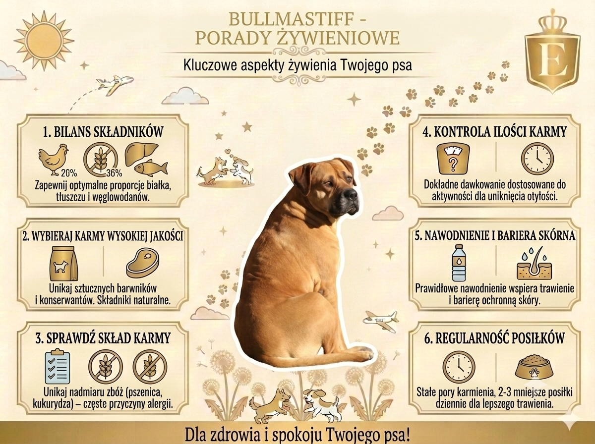 Infografika przedstawiająca najważniejsze zasady żywienia bullmastiffa. Grafika omawia prawidłowy bilans składników odżywczych, wybór wysokiej jakości karmy, analizę składu produktu, kontrolę ilości podawanej karmy, znaczenie odpowiedniego nawodnienia oraz regularność posiłków. W centralnej części znajduje się pies rasy bullmastiff, a całość stanowi praktyczny poradnik dotyczący prawidłowego żywienia i zdrowia tej rasy.